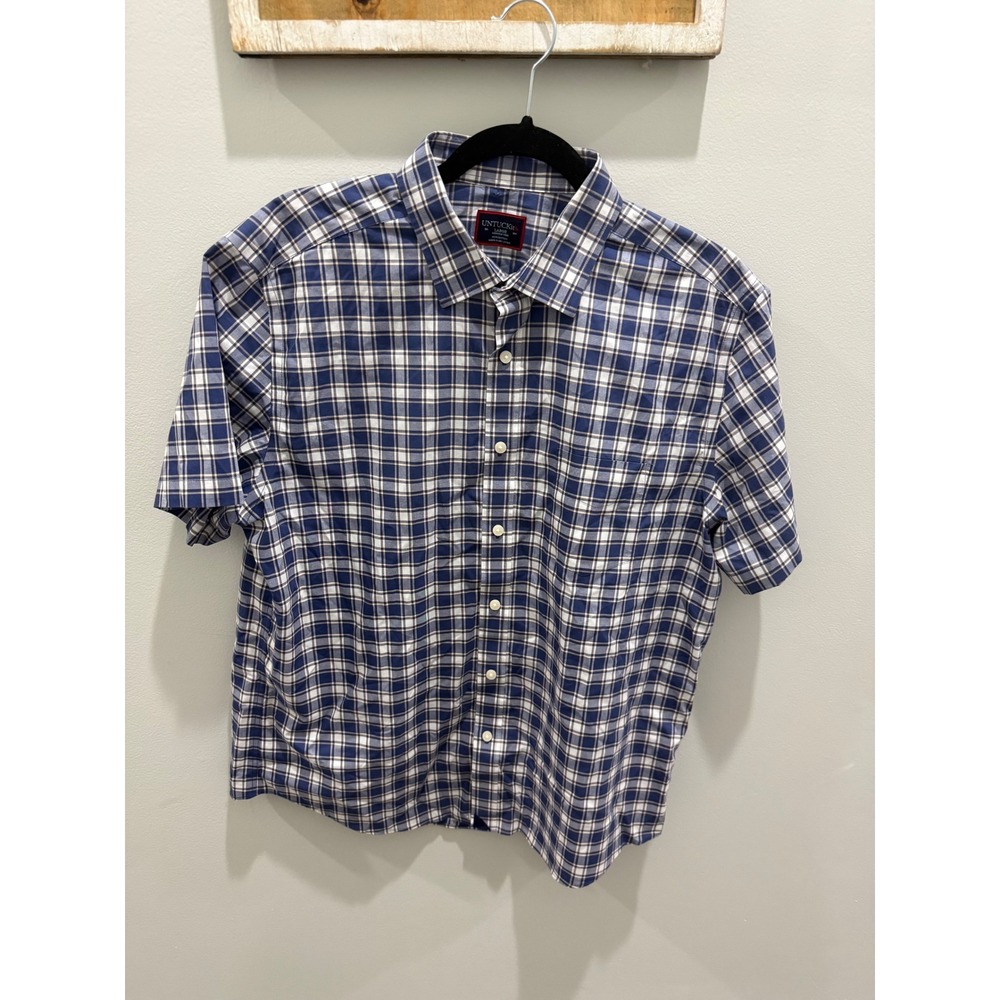 UNTUCKit San Andres Mens Large Navy Plaid Wrinkle Free SS Button Down Shirt